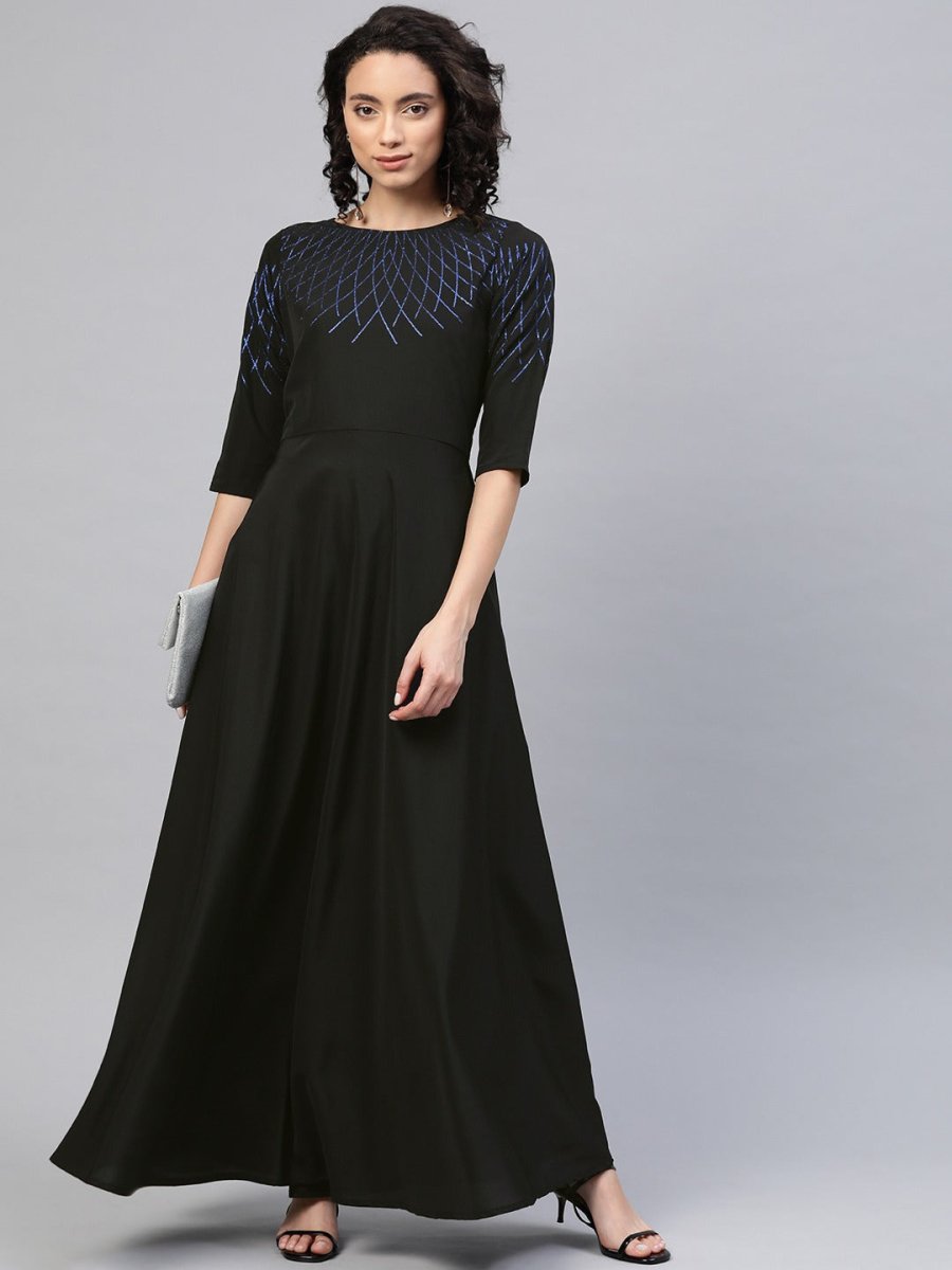 Ahalyaa Women Black Long Flared Kurta Dress | Swadesiicart