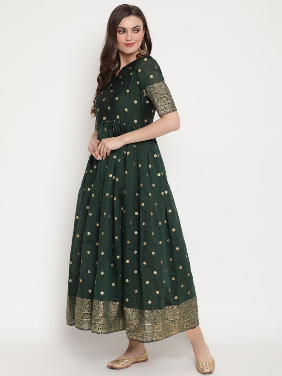 Ahalyaa Women Beautiful Green Print Work Chanderi Silk Anarkali Kurta | Swadesiicart