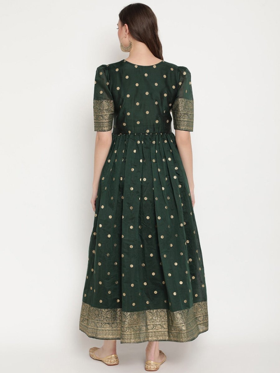 Ahalyaa Women Beautiful Green Print Work Chanderi Silk Anarkali Kurta | Swadesiicart