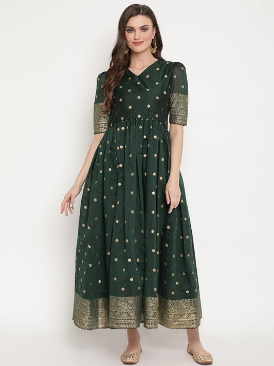 Ahalyaa Women Beautiful Green Print Work Chanderi Silk Anarkali Kurta | Swadesiicart