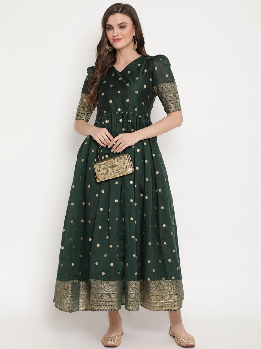 Ahalyaa Women Beautiful Green Print Work Chanderi Silk Anarkali Kurta | Swadesiicart