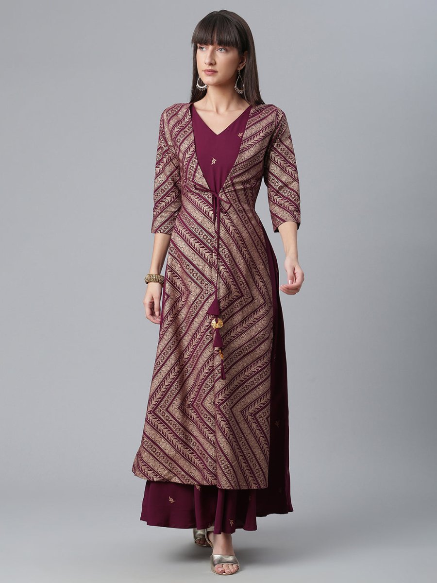 Ahalyaa Crepe Wine Glitter Print Kurta With Jacket - Ahalyaa