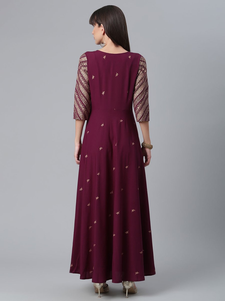 Ahalyaa Crepe Wine Glitter Print Kurta With Jacket - Swadesiicart