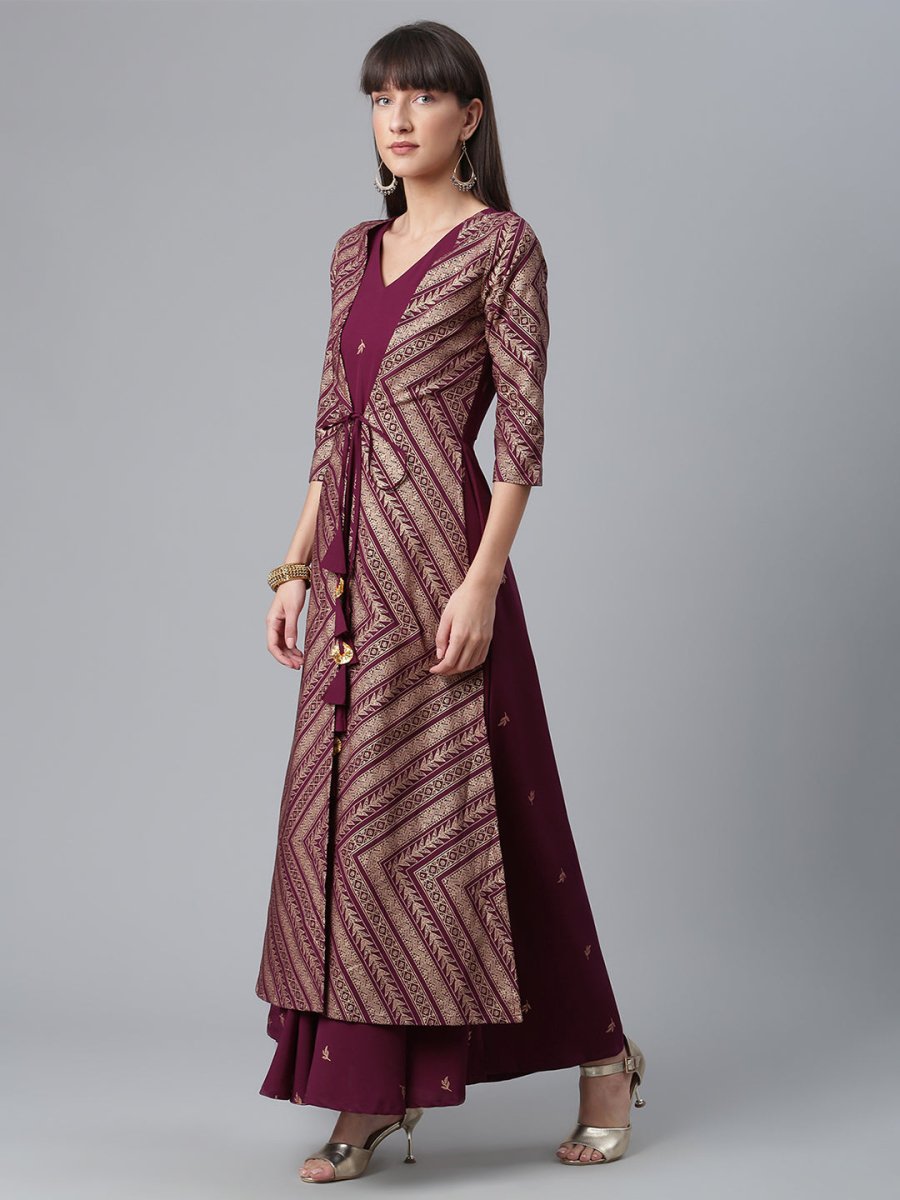 Ahalyaa Crepe Wine Glitter Print Kurta With Jacket - Swadesiicart