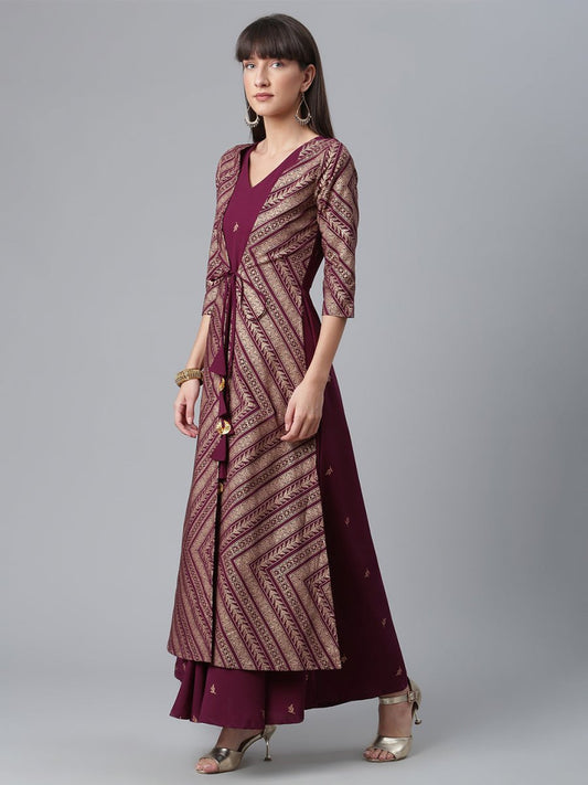 Ahalyaa Crepe Wine Glitter Print Kurta With Jacket - Swadesiicart