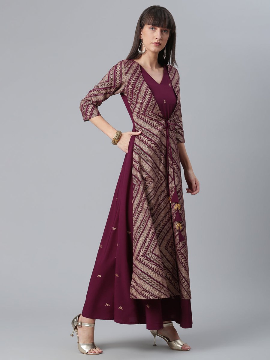 Ahalyaa Crepe Wine Glitter Print Kurta With Jacket - Swadesiicart