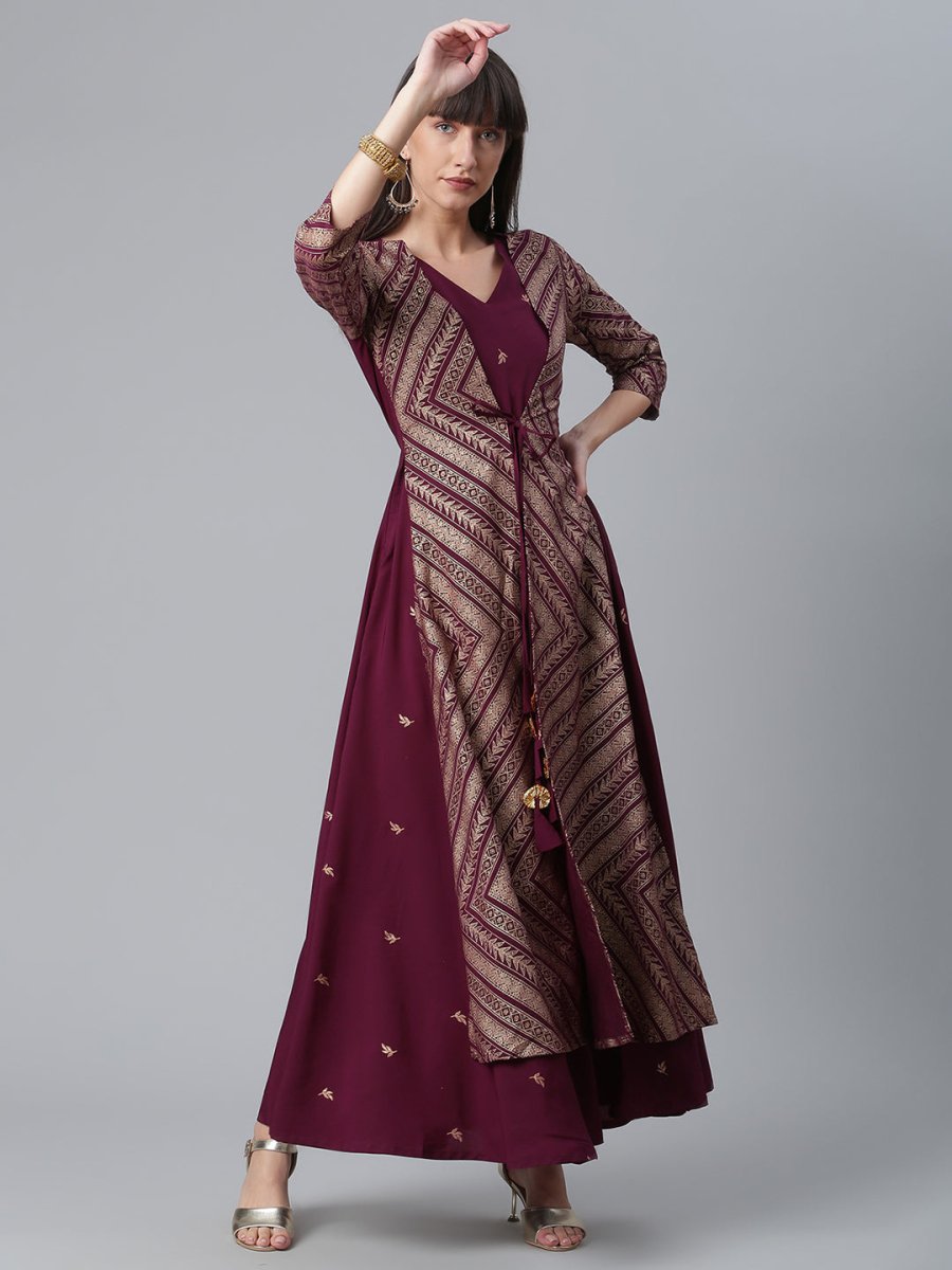 Ahalyaa Crepe Wine Glitter Print Kurta With Jacket - Swadesiicart