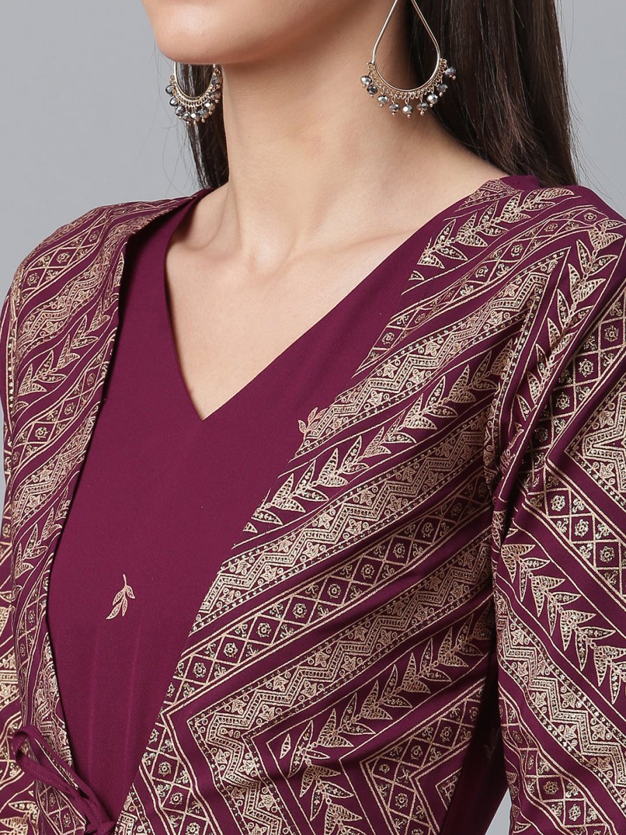 Ahalyaa Crepe Wine Glitter Print Kurta With Jacket - Swadesiicart