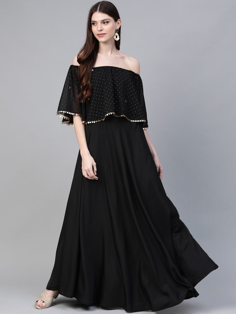 Ahalyaa Women Black & Golden Foil Printed Detail Off-Shoulder Layered Maxi Dress | Swadesiicart