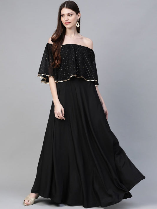 Ahalyaa Women Black & Golden Foil Printed Detail Off-Shoulder Layered Maxi Dress | Swadesiicart
