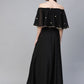 Ahalyaa Women Black & Golden Foil Printed Detail Off-Shoulder Layered Maxi Dress | Swadesiicart