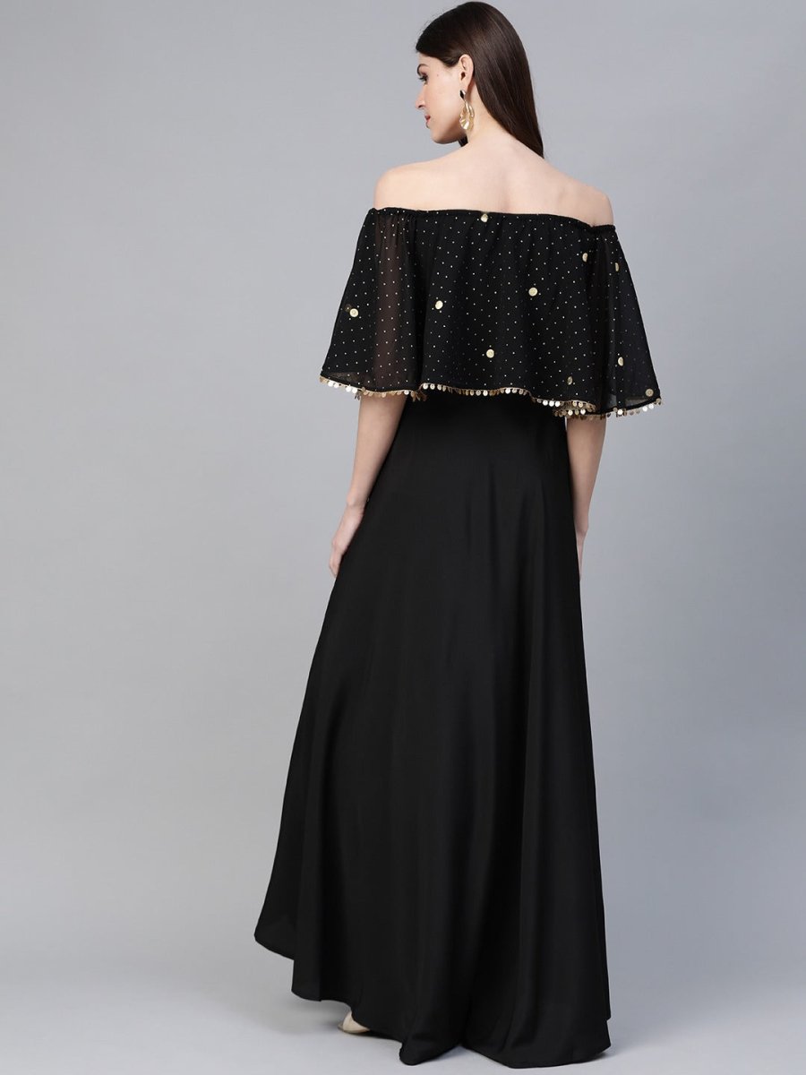 Ahalyaa Women Black & Golden Foil Printed Detail Off-Shoulder Layered Maxi Dress | Swadesiicart
