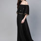 Ahalyaa Women Black & Golden Foil Printed Detail Off-Shoulder Layered Maxi Dress | Swadesiicart