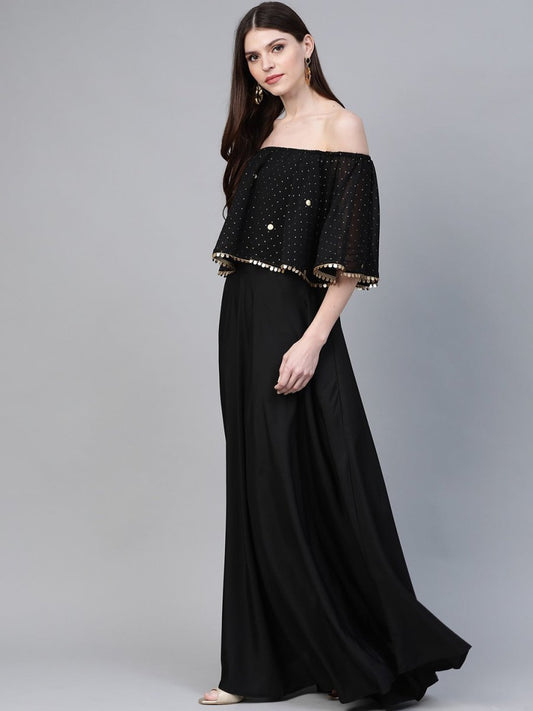 Ahalyaa Women Black & Golden Foil Printed Detail Off-Shoulder Layered Maxi Dress | Swadesiicart