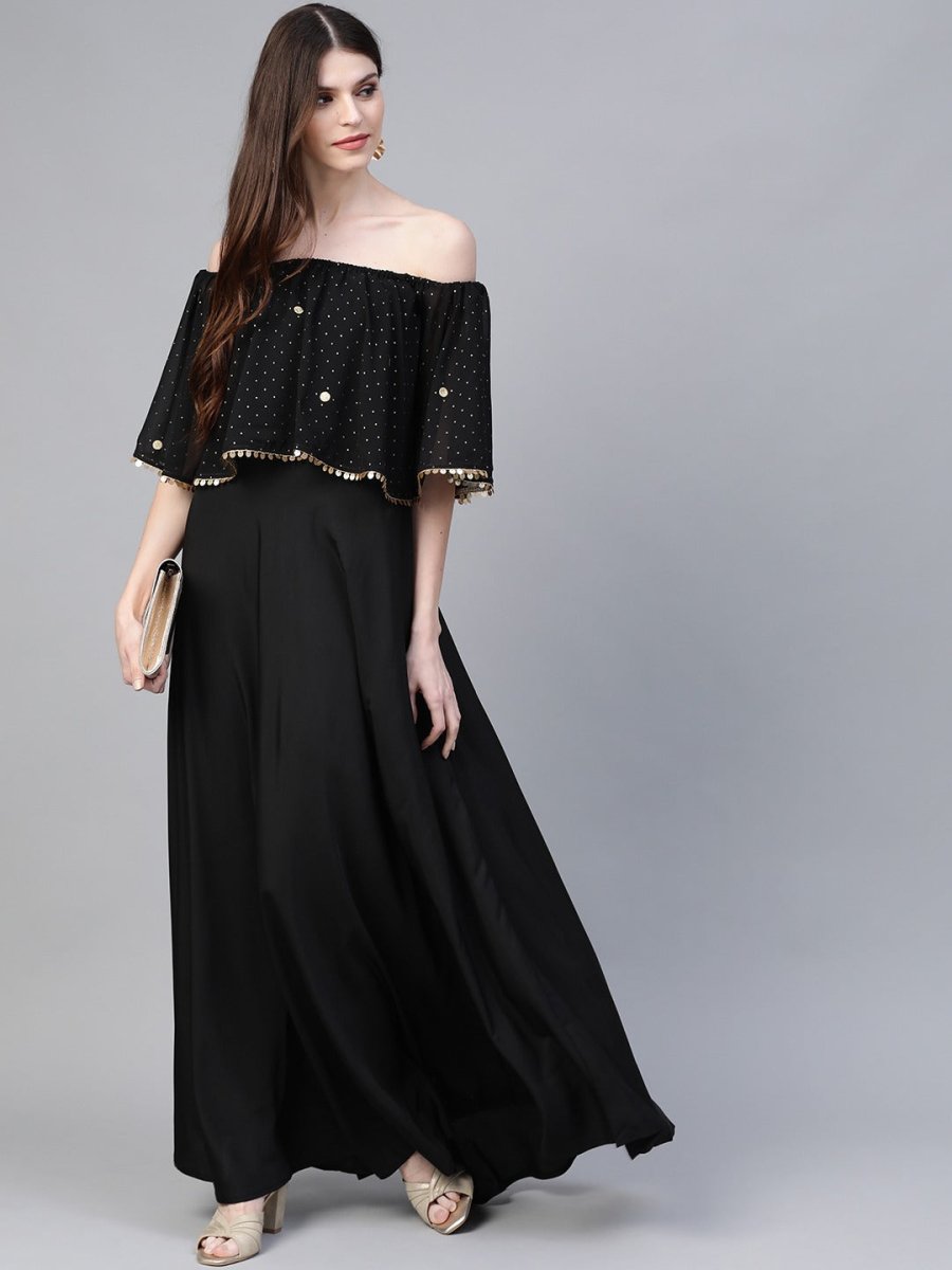 Ahalyaa Women Black & Golden Foil Printed Detail Off-Shoulder Layered Maxi Dress | Swadesiicart