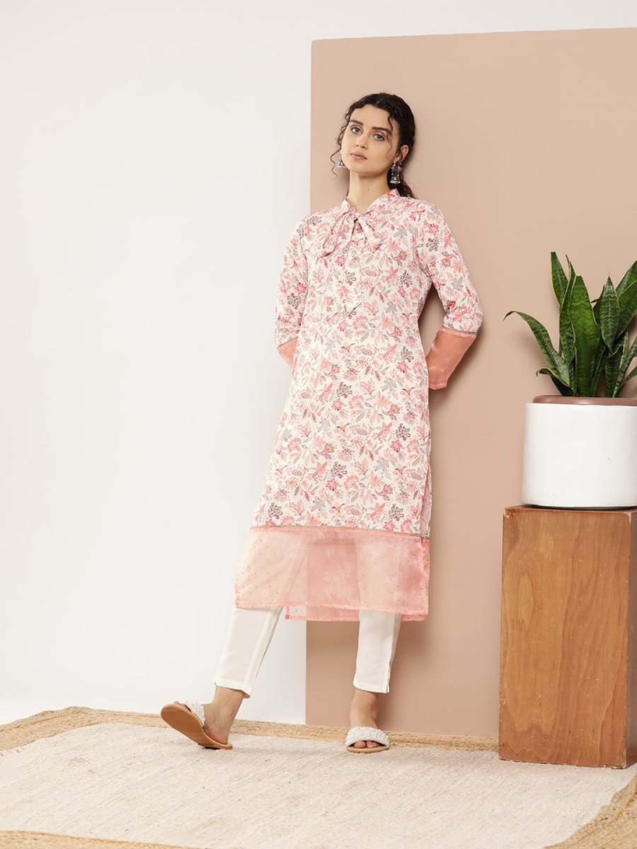 Ahalyaa Women Pink & Off White Floral Printed Gotta Patti Floral Crepe Kurta | Swadesiicart