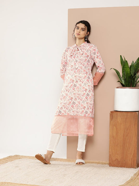 Ahalyaa Women Pink & Off White Floral Printed Gotta Patti Floral Crepe Kurta | Swadesiicart