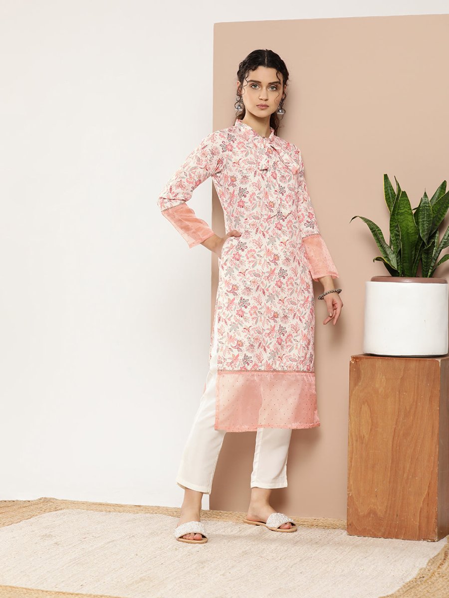 Ahalyaa Women Pink & Off White Floral Printed Gotta Patti Floral Crepe Kurta | Swadesiicart