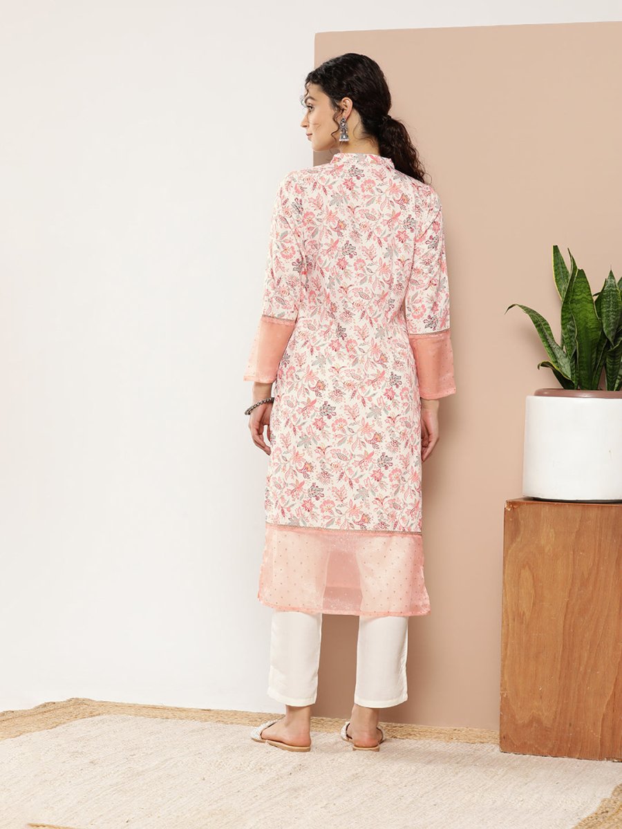 Ahalyaa Women Pink & Off White Floral Printed Gotta Patti Floral Crepe Kurta | Swadesiicart