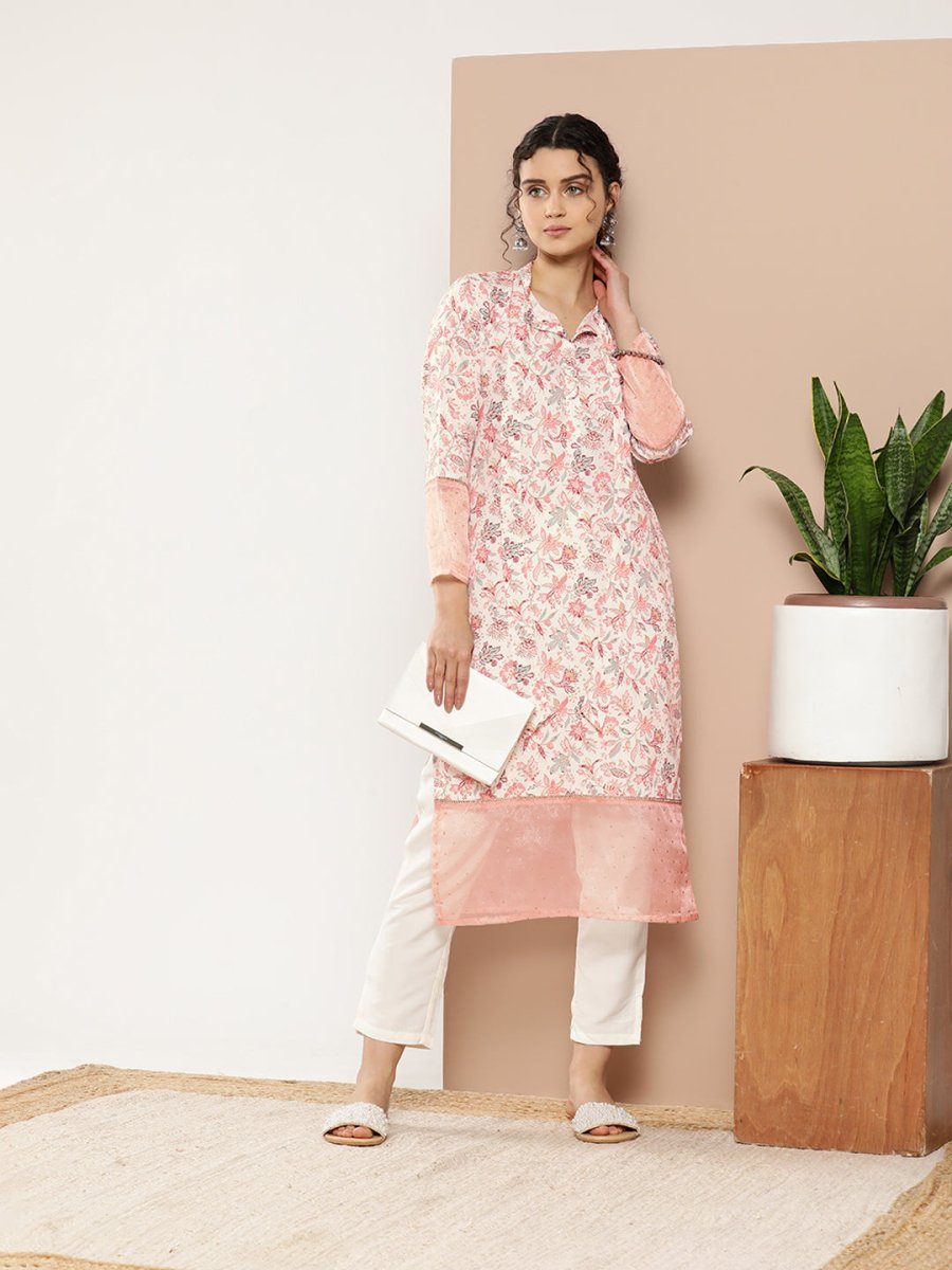 Ahalyaa Women Pink & Off White Floral Printed Gotta Patti Floral Crepe Kurta | Swadesiicart