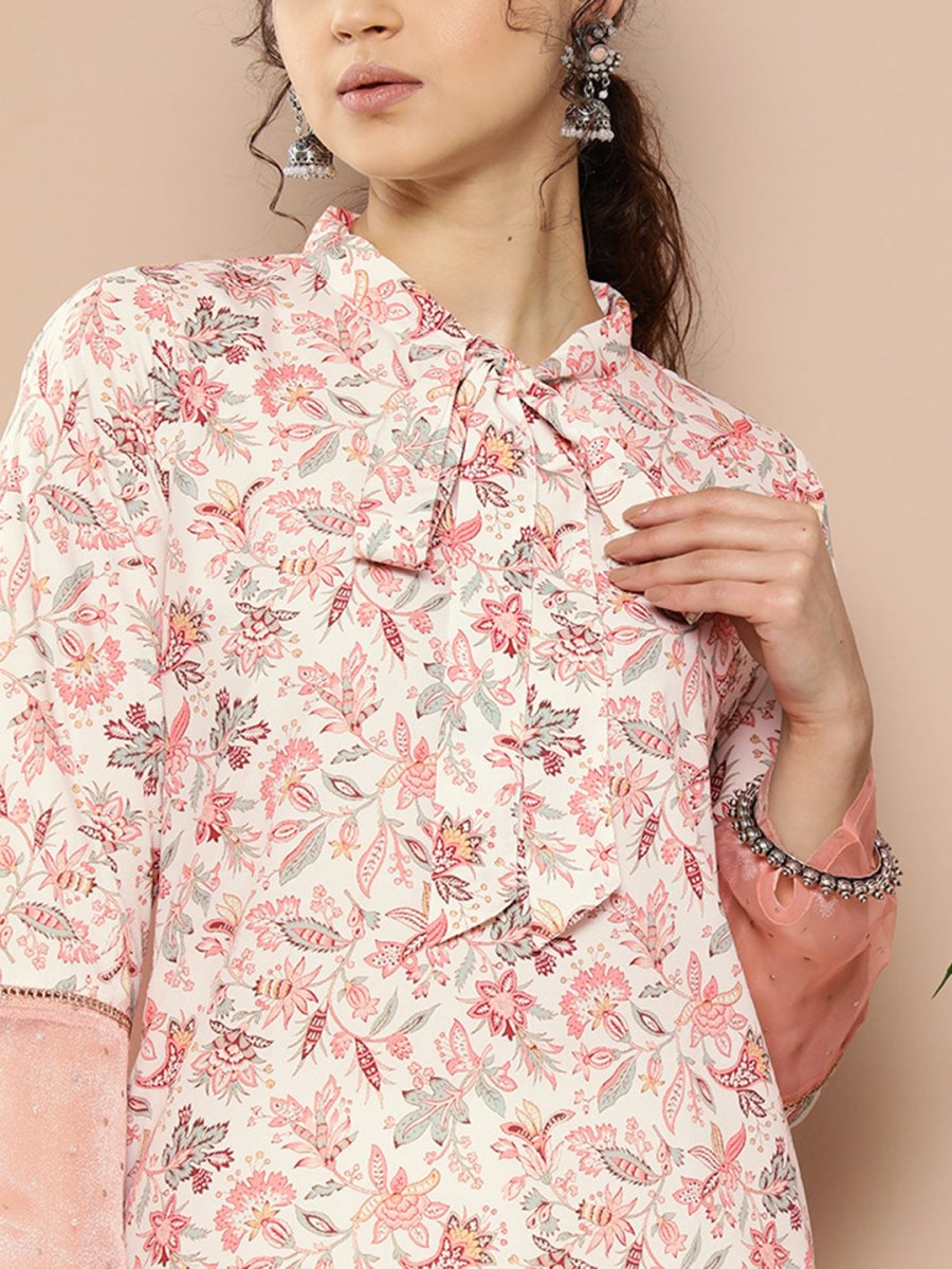 Ahalyaa Women Pink & Off White Floral Printed Gotta Patti Floral Crepe Kurta | Swadesiicart