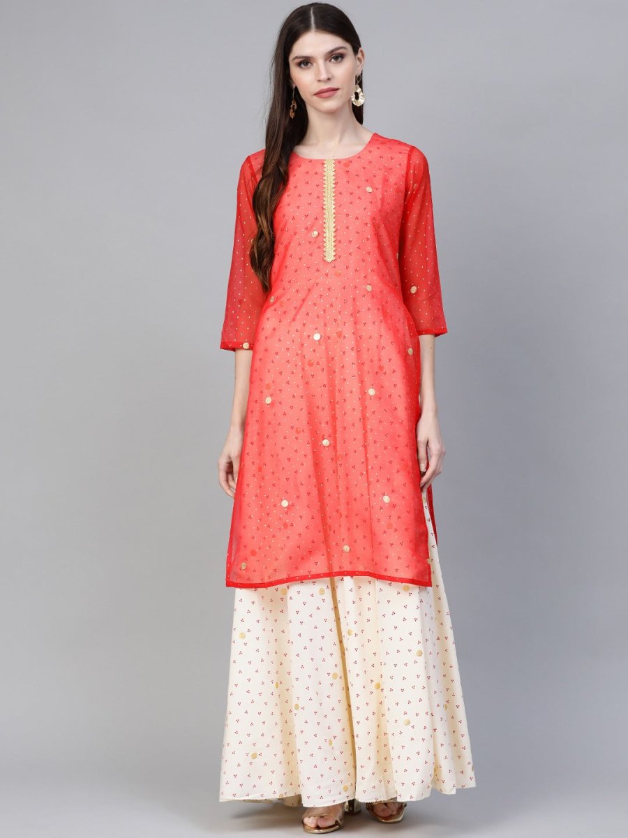 Ahalyaa Cream-Coloured & Red Bandhani Foil Printed Layered Beautiful Maxi Dress | Swadesiicart