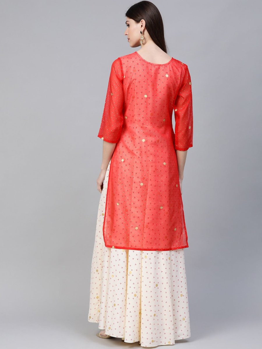 Ahalyaa Cream-Coloured & Red Bandhani Foil Printed Layered Beautiful Maxi Dress | Swadesiicart