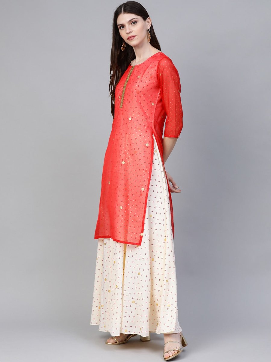 Ahalyaa Cream-Coloured & Red Bandhani Foil Printed Layered Beautiful Maxi Dress | Swadesiicart