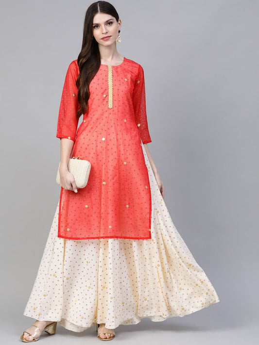 Ahalyaa Cream-Coloured & Red Bandhani Foil Printed Layered Beautiful Maxi Dress | Swadesiicart
