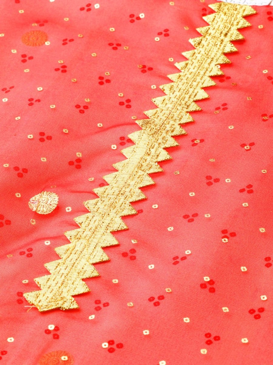 Ahalyaa Cream-Coloured & Red Bandhani Foil Printed Layered Beautiful Maxi Dress | Swadesiicart