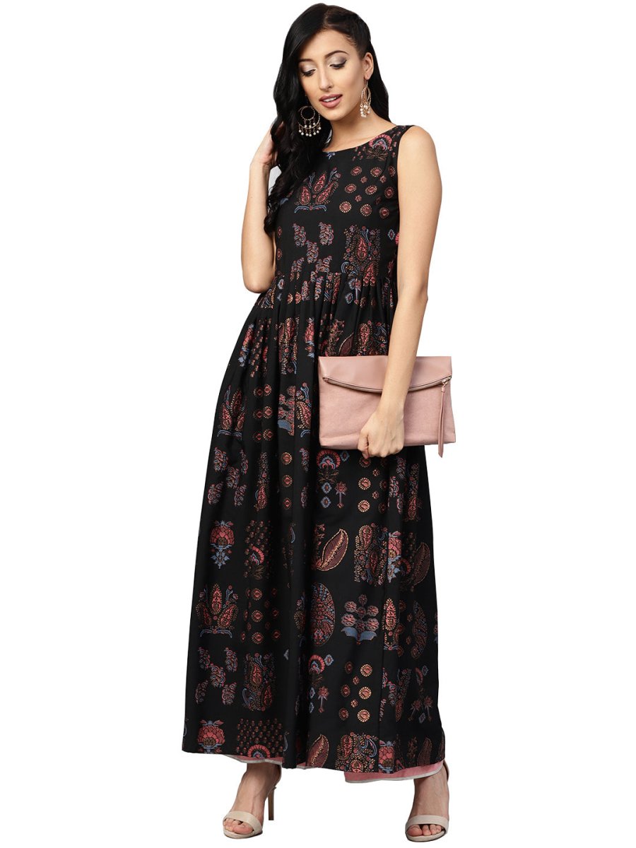 Ahalyaa Black Printed Flare Kurta Dress For Women | Swadesiicart