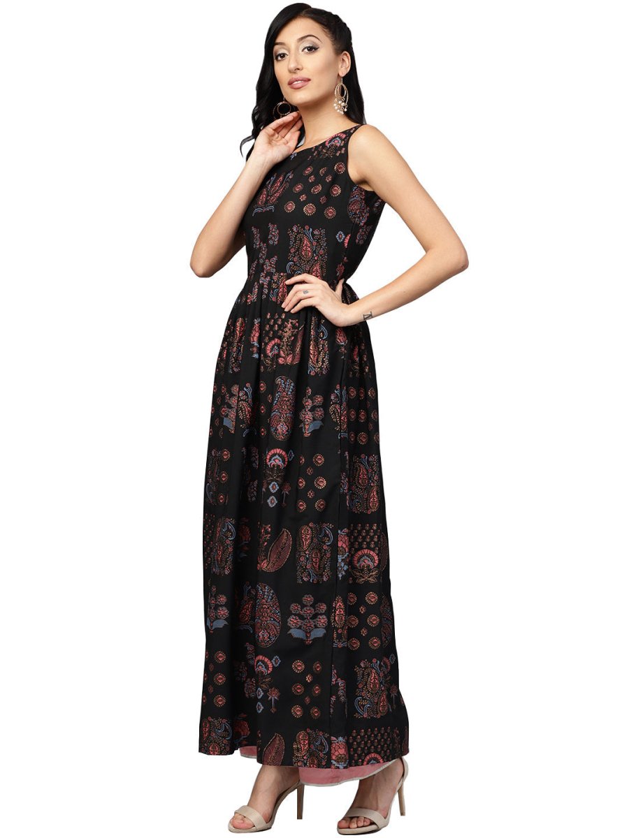 Ahalyaa Black Printed Flare Kurta Dress For Women | Swadesiicart