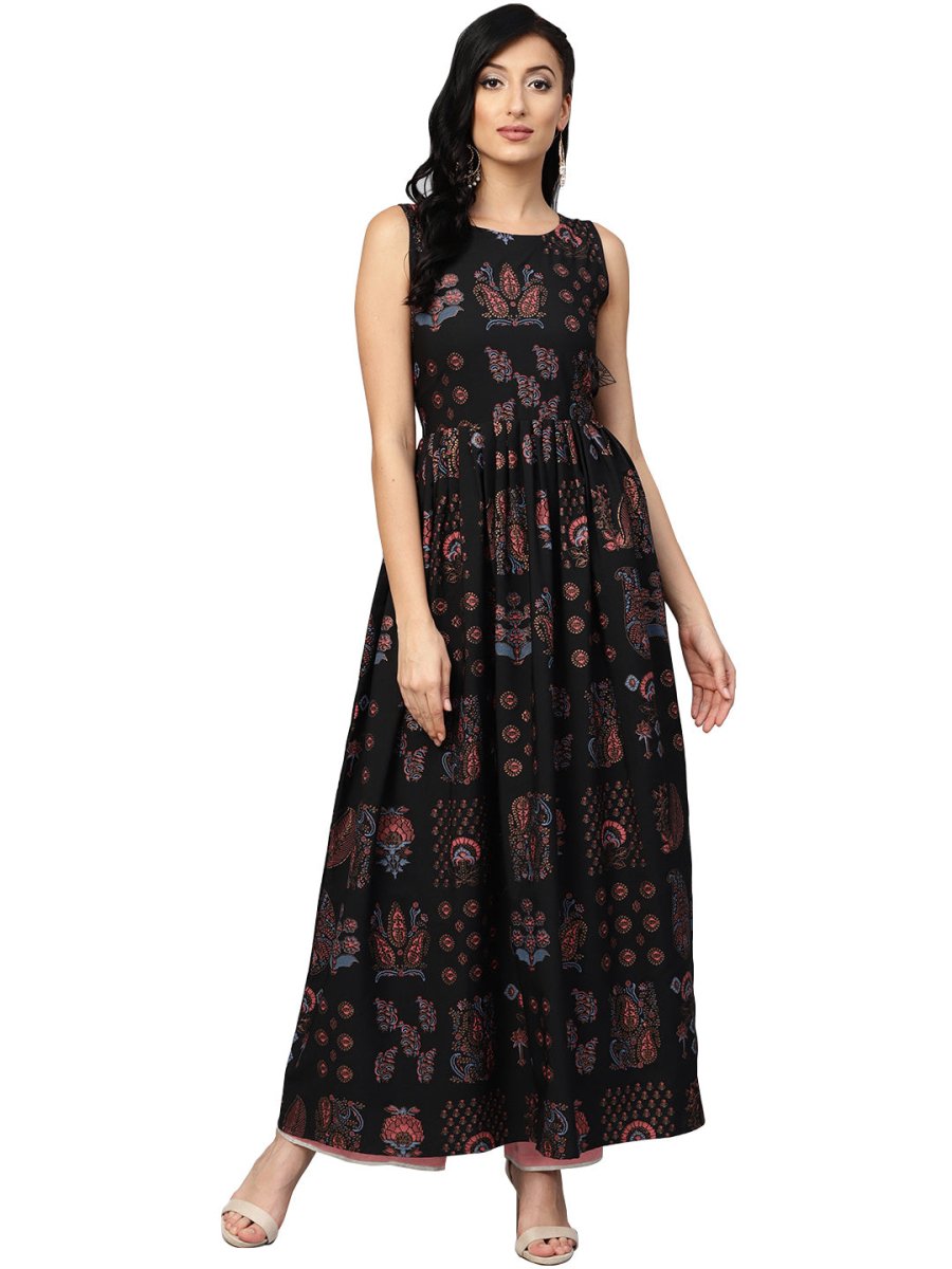 Ahalyaa Black Printed Flare Kurta Dress For Women | Swadesiicart
