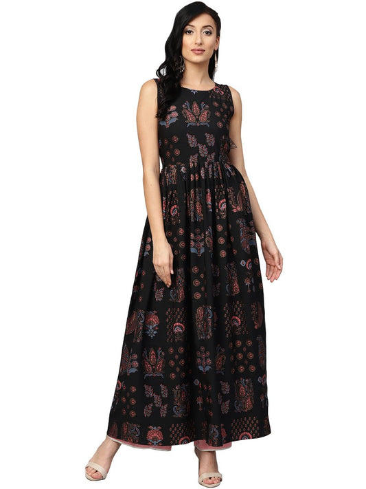 Ahalyaa Black Printed Flare Kurta Dress For Women | Swadesiicart