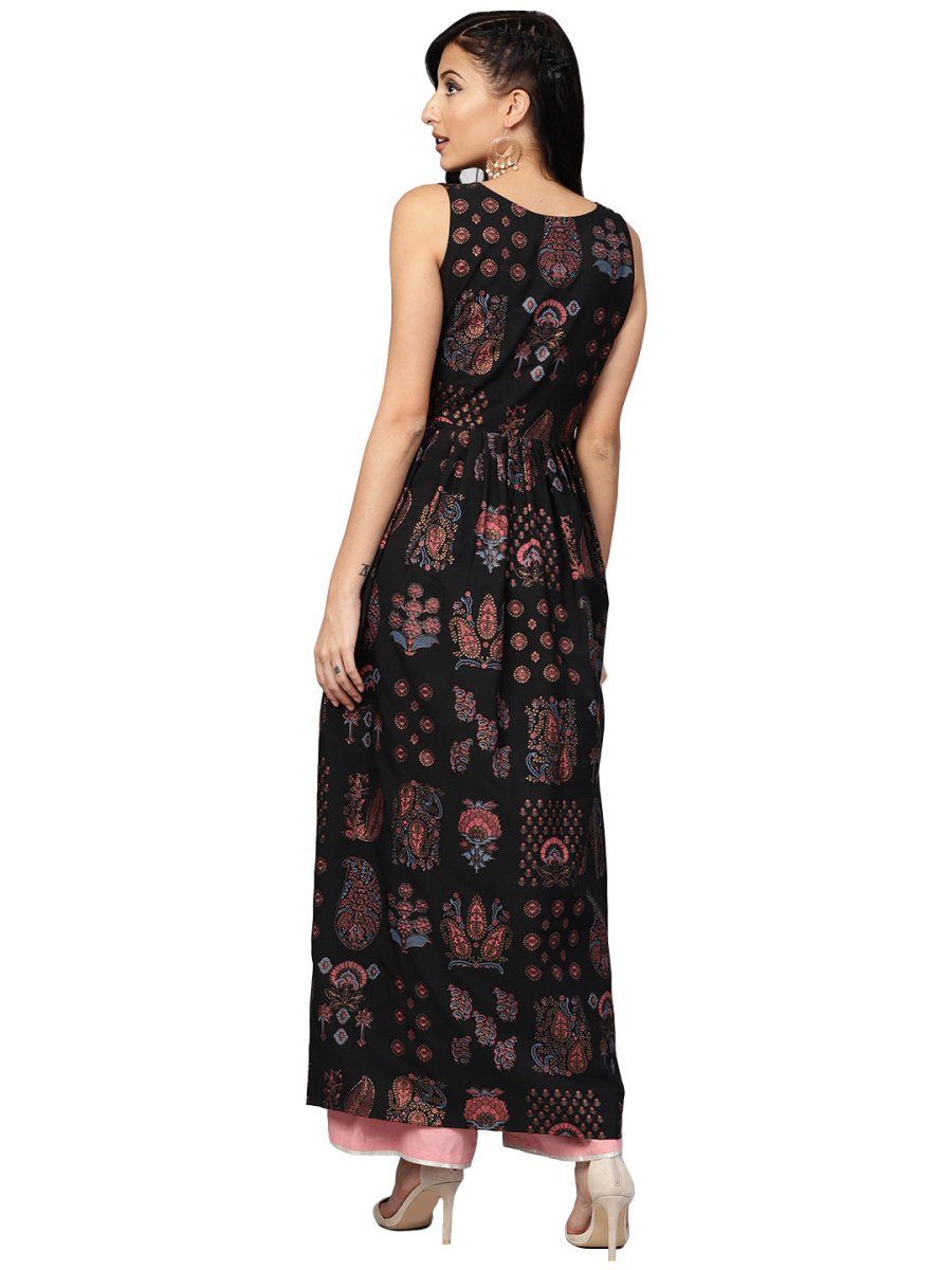 Ahalyaa Black Printed Flare Kurta Dress For Women | Swadesiicart