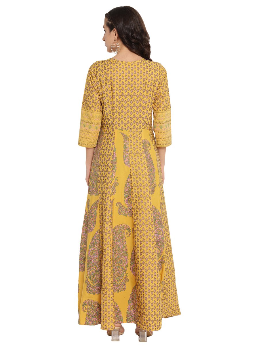 Ahalyaa Mustard Yellow & Grey Printed Fit and Flare Maxi Dress | Swadesiicart