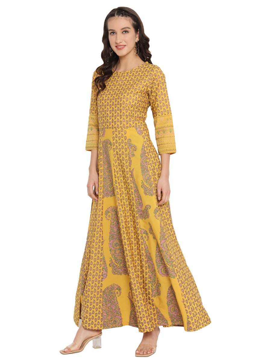 Ahalyaa Mustard Yellow & Grey Printed Fit and Flare Maxi Dress | Swadesiicart