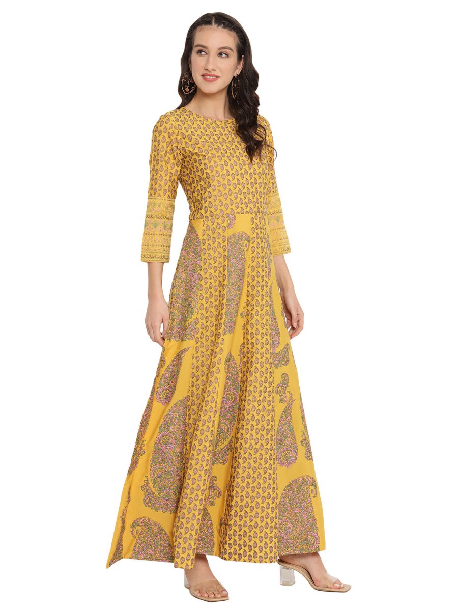 Ahalyaa Mustard Yellow & Grey Printed Fit and Flare Maxi Dress | Swadesiicart