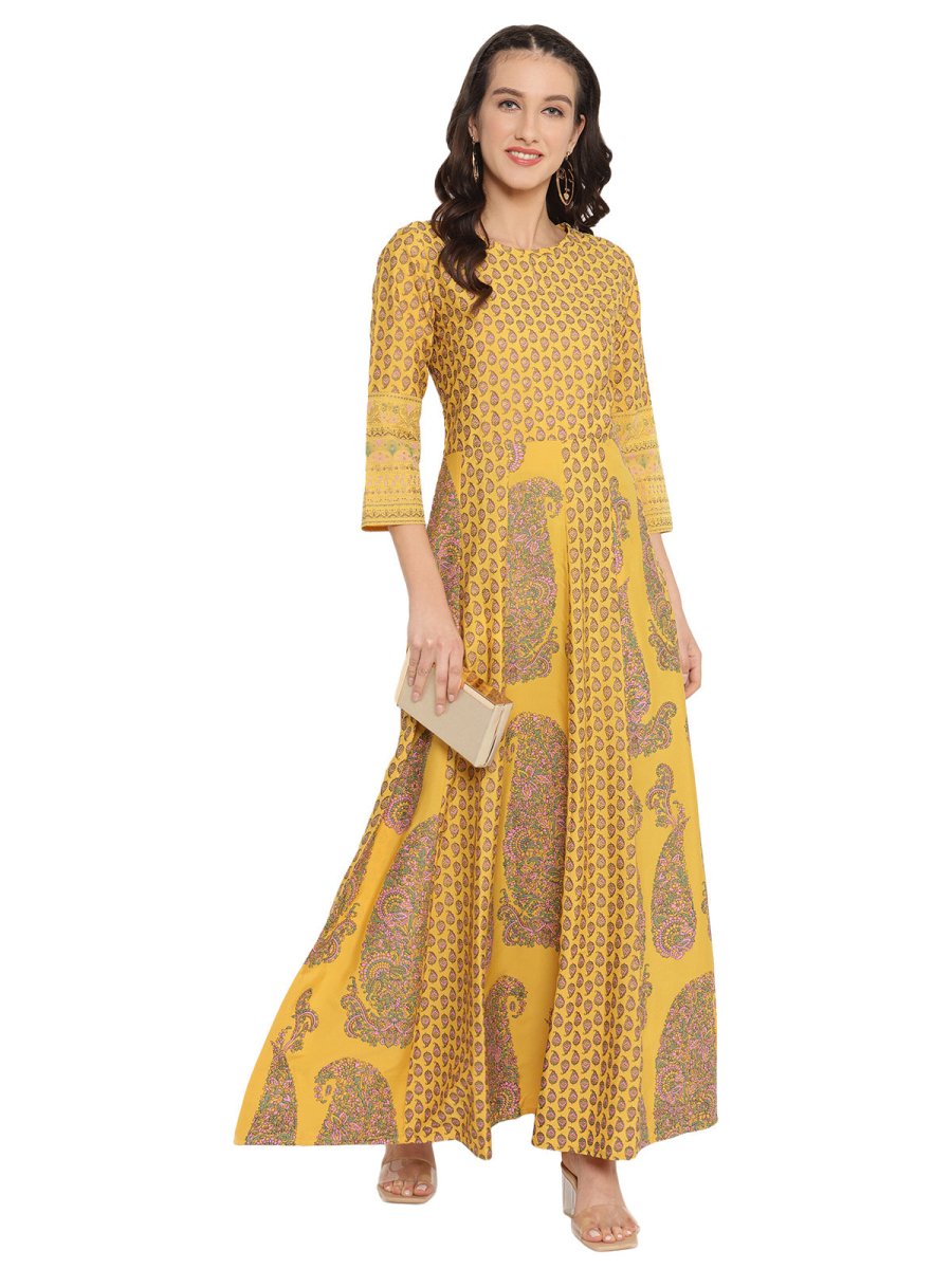 Ahalyaa Mustard Yellow & Grey Printed Fit and Flare Maxi Dress | Swadesiicart