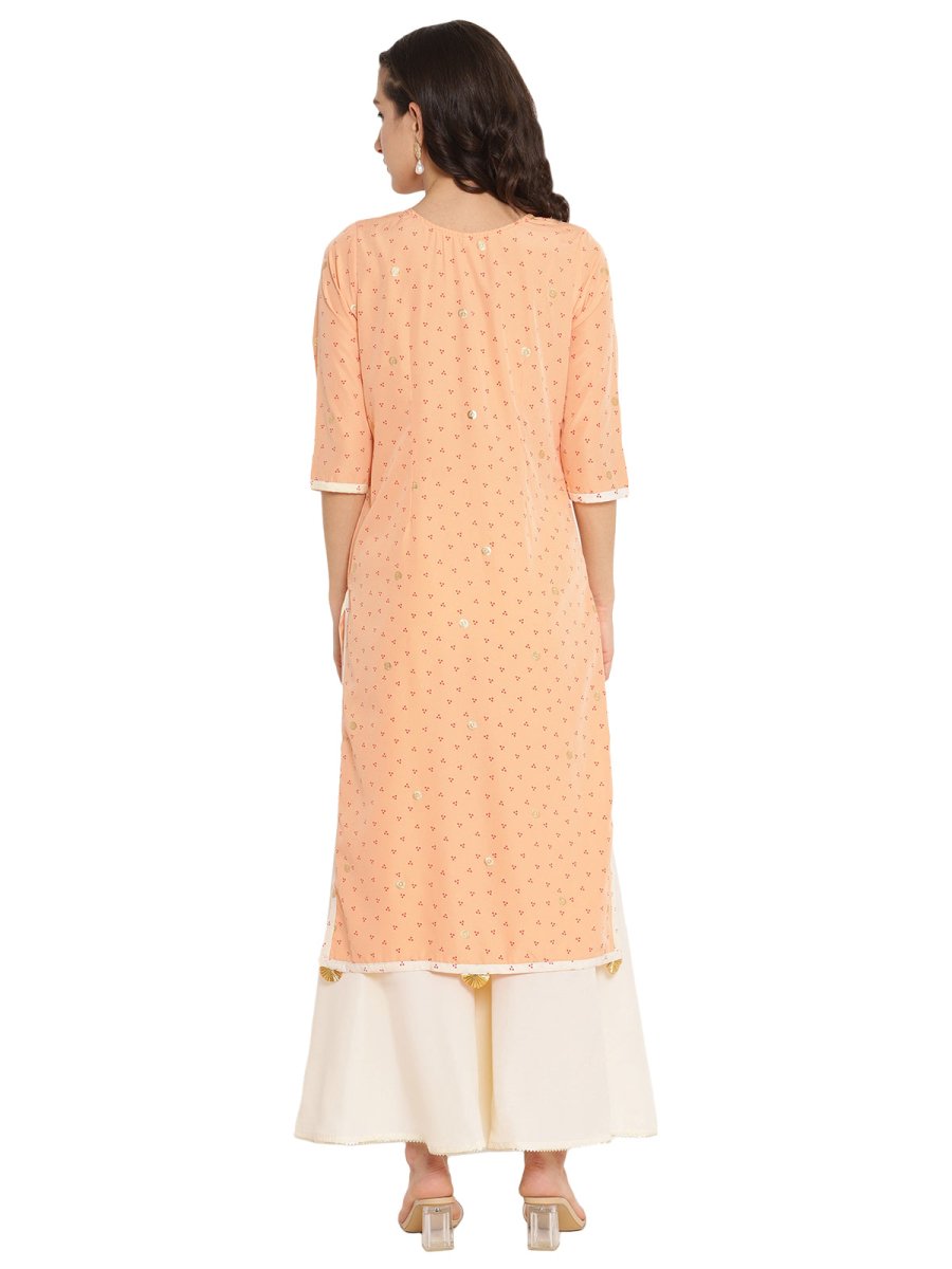 Ahalyaa Peach-Coloured & Red Bandhani Print High Low Straight Kurta | Swadesiicart