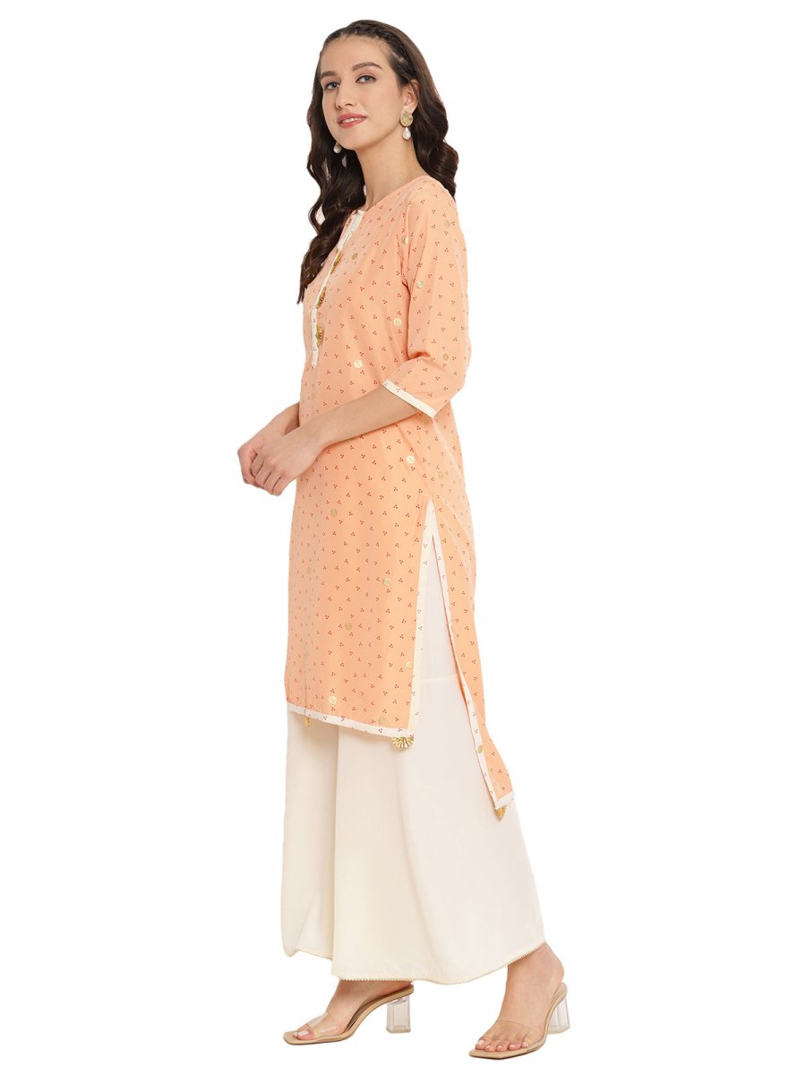 Ahalyaa Peach-Coloured & Red Bandhani Print High Low Straight Kurta | Swadesiicart