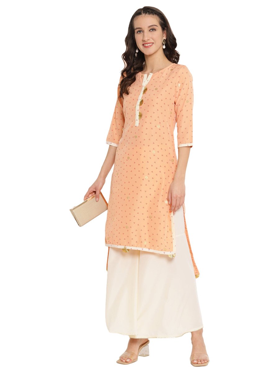 Ahalyaa Peach-Coloured & Red Bandhani Print High Low Straight Kurta | Swadesiicart