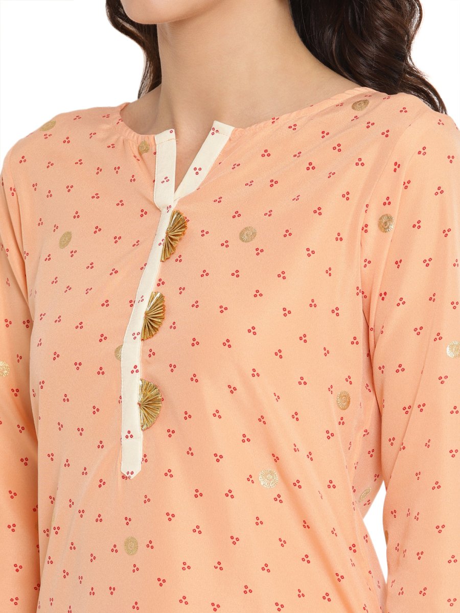 Ahalyaa Peach-Coloured & Red Bandhani Print High Low Straight Kurta | Swadesiicart
