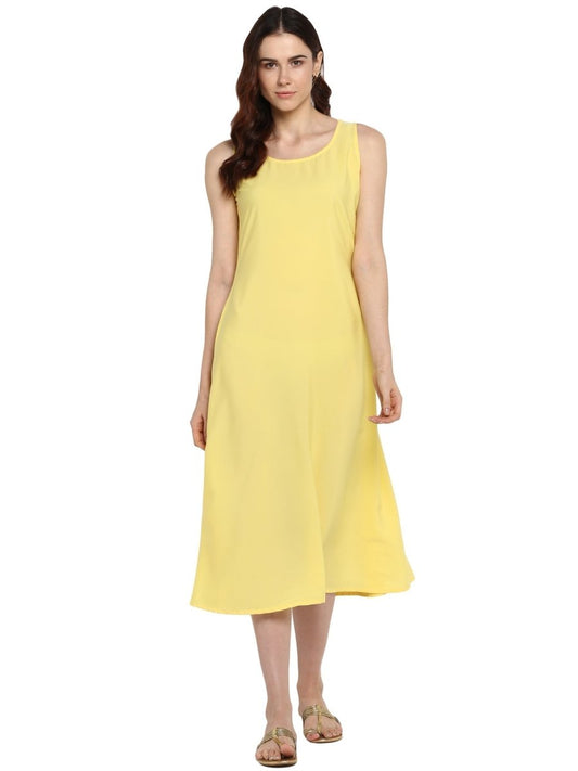 Ahalyaa Women Yellow Solid A-Line Dress | Swadesiicart