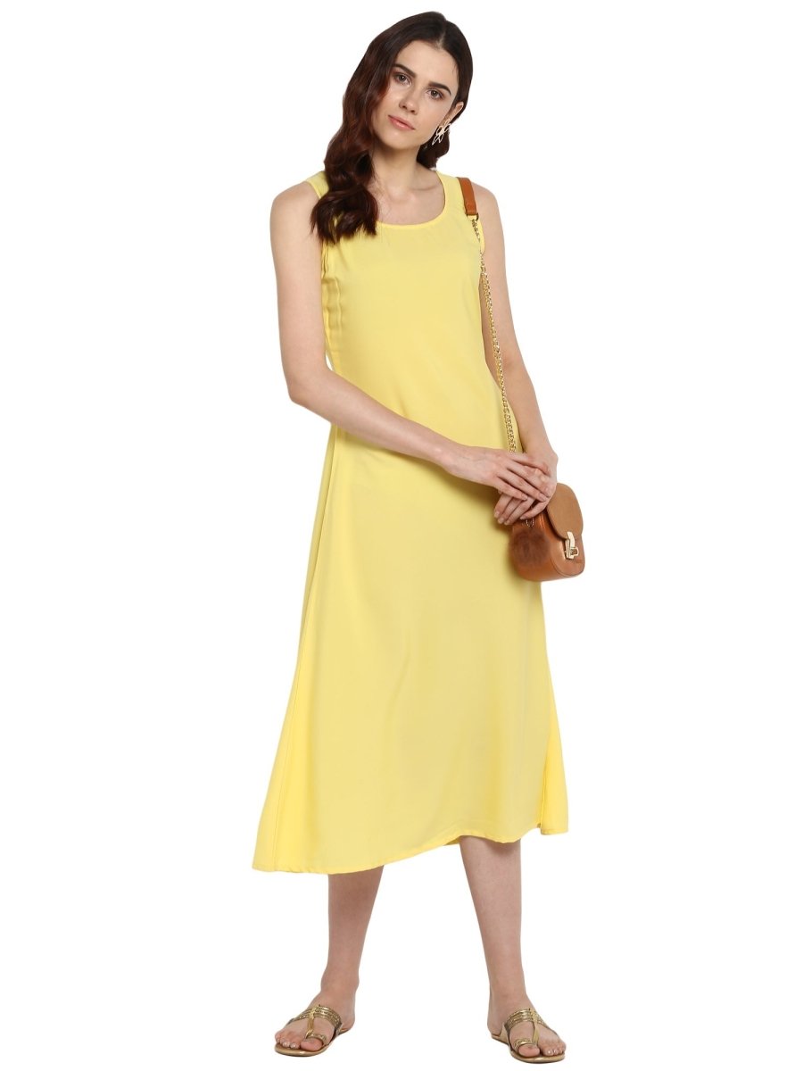 Ahalyaa Women Yellow Solid A-Line Dress | Swadesiicart