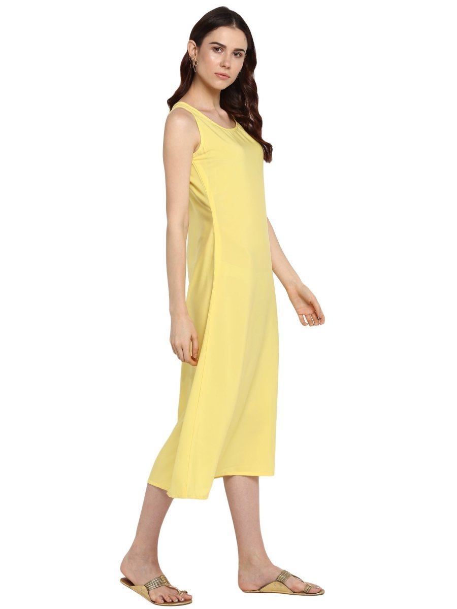 Ahalyaa Women Yellow Solid A-Line Dress | Swadesiicart