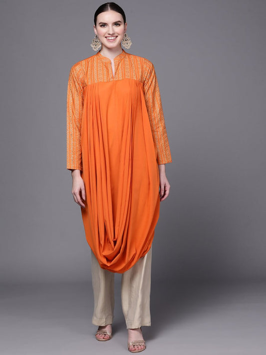 Ahalyaa Women Orange Ethnic Motifs Printed Crepe Cowl Kurta | Swadesiicart