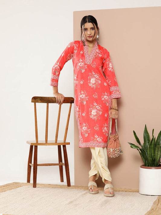 Ahalyaa Women Red Floral Printed Gotta Patti Kurta with Dhoti Pants | Swadesiicart