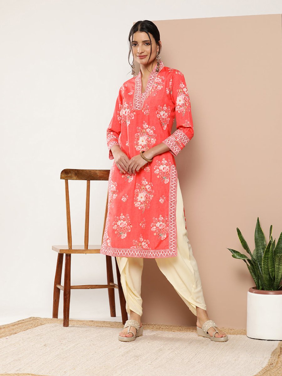 Ahalyaa Women Red Floral Printed Gotta Patti Kurta with Dhoti Pants | Swadesiicart