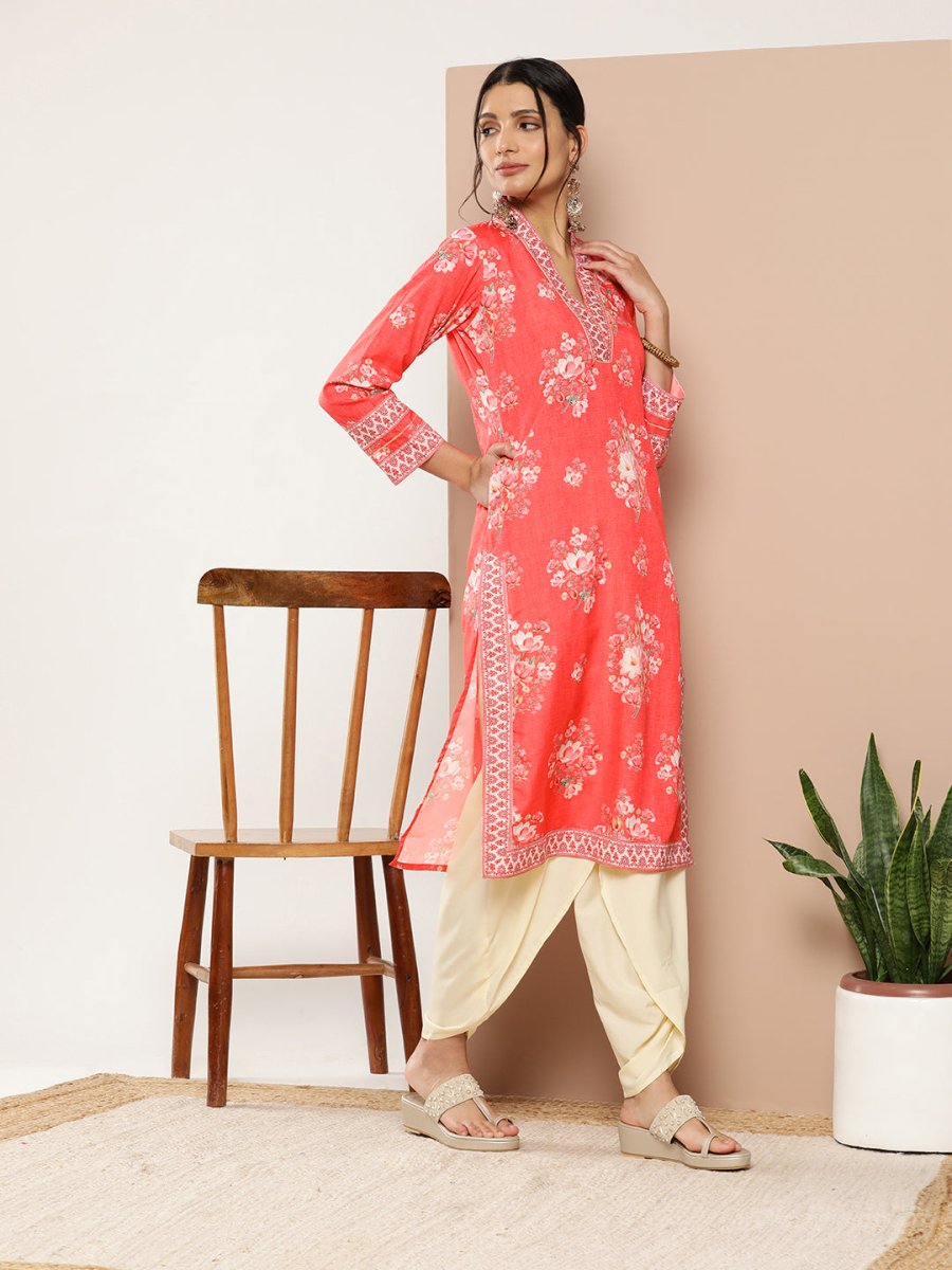Ahalyaa Women Red Floral Printed Gotta Patti Kurta with Dhoti Pants | Swadesiicart